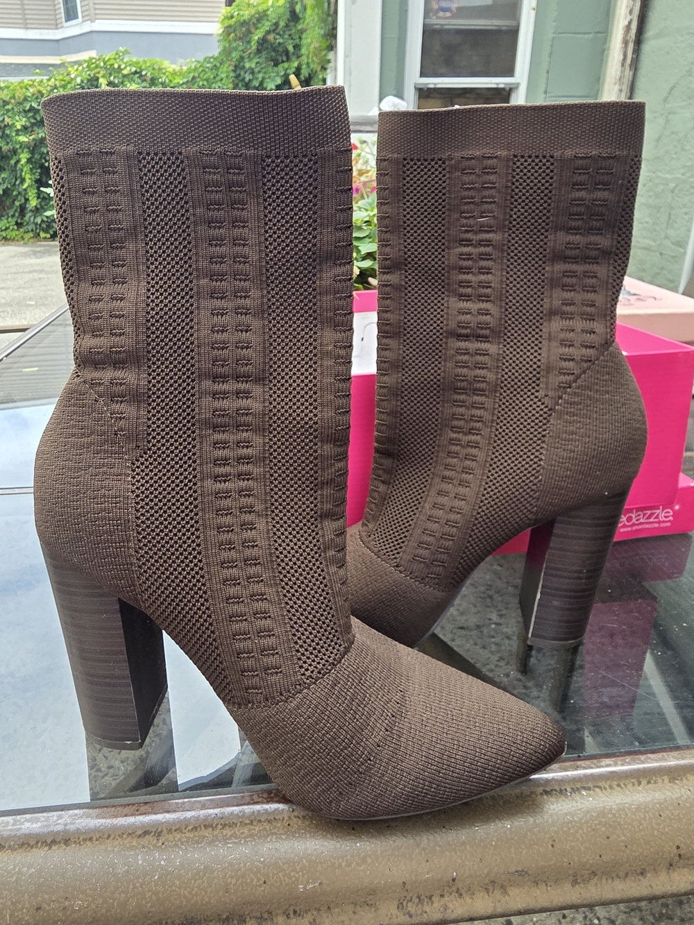 Women's Brown Knit Sock Ankle Boots with Block Heel